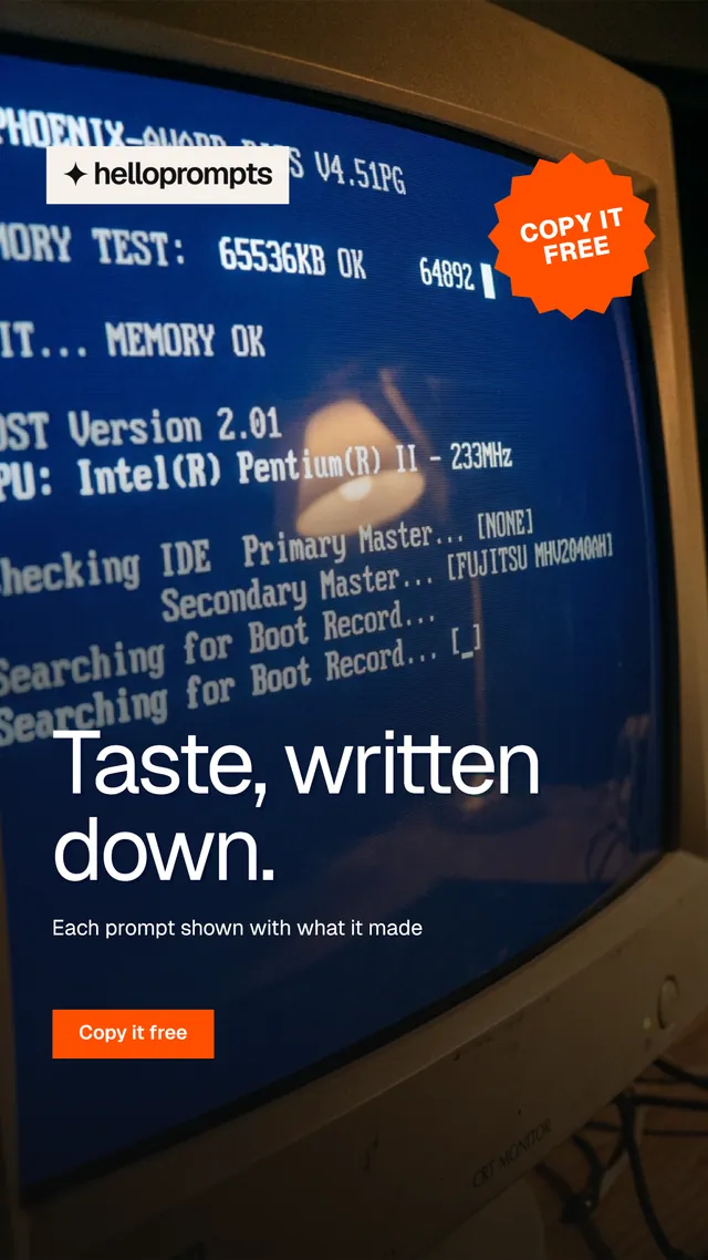 Instagram story for HelloPrompts: "Taste, written down." Swiss style, sticker layout, dark palette in black, blue, grey.