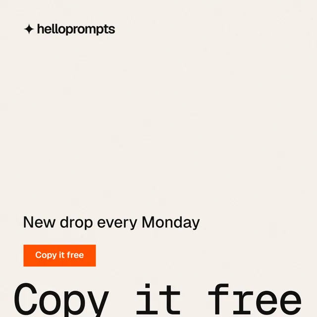 Instagram post for HelloPrompts: "Prompts that show their work." Swiss style, oversized layout, light palette in white, orange.