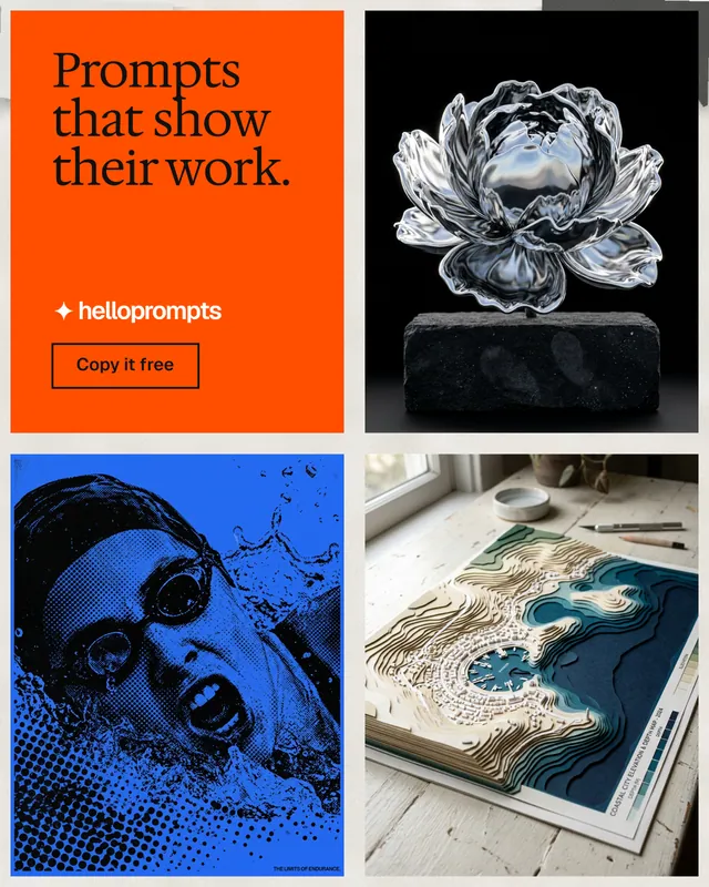 Instagram portrait post for HelloPrompts: "Prompts that show their work." Editorial style, collage layout, dark palette in red, black, grey.