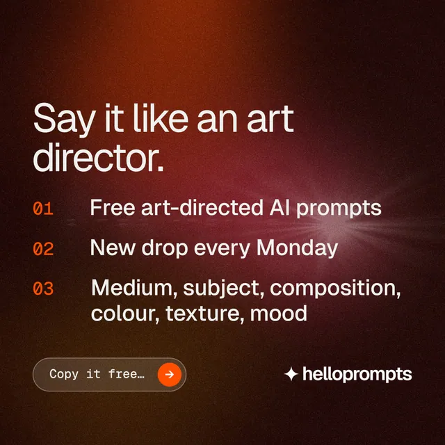 Instagram post for HelloPrompts: "Say it like an art director." Agentic glass style, numbered layout, dark palette in black, red, grey.