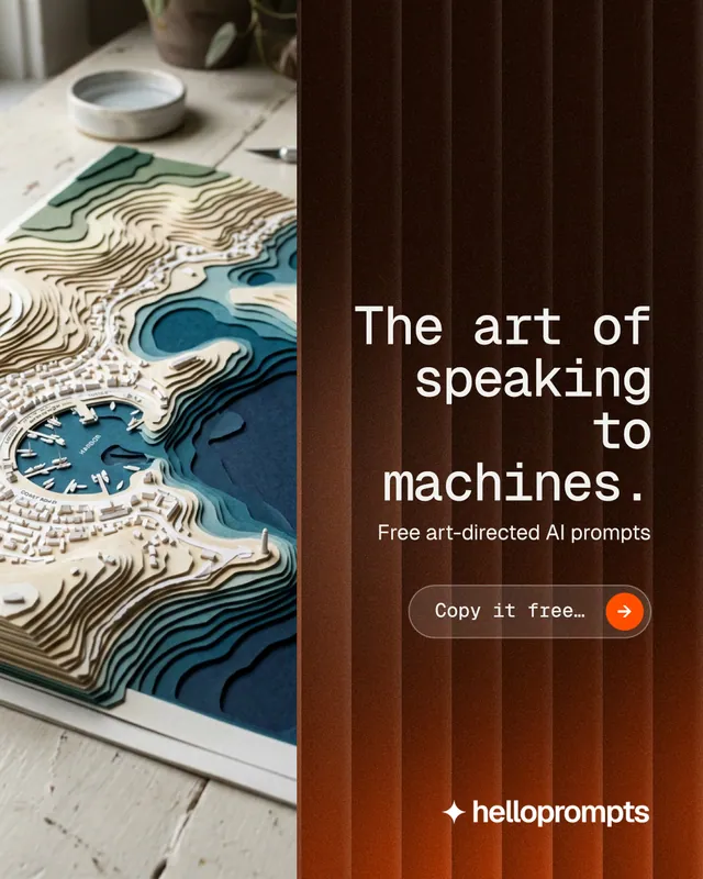 Instagram portrait post for HelloPrompts: "The art of speaking to machines." Agentic glass style, right layout, dark palette in black, grey, orange.
