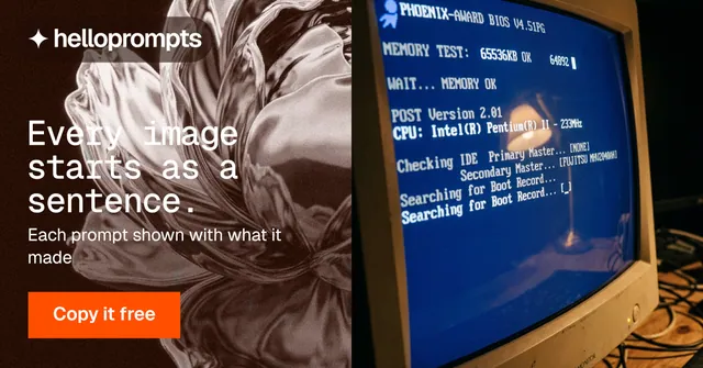 Social ad for HelloPrompts: "Every image starts as a sentence." Swiss style, bottom layout, dark palette in orange, blue, red.