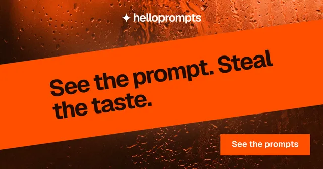 Social ad for HelloPrompts: "See the prompt. Steal the taste." Swiss style, diagonal layout, dark palette in orange.
