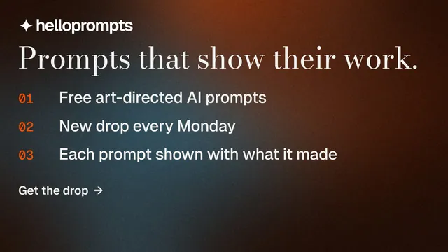 Landscape graphic for HelloPrompts: "Prompts that show their work." Minimal luxury style, numbered layout, dark palette in black, orange, grey.