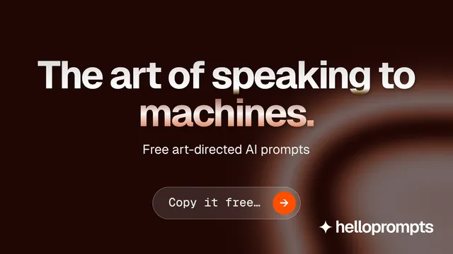 Landscape graphic for HelloPrompts: "The art of speaking to machines." Agentic glass style, centred layout, dark palette in black, red.