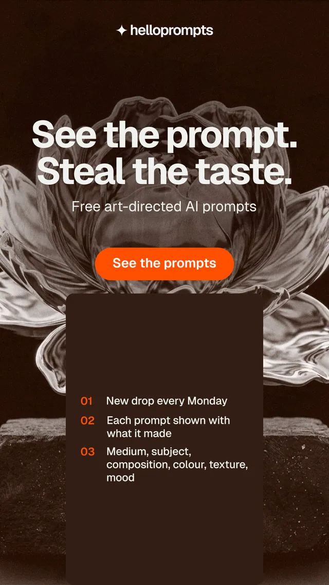 Instagram story for HelloPrompts: "See the prompt. Steal the taste." Photo poster style, skeleton layout, dark palette in orange, black, grey.
