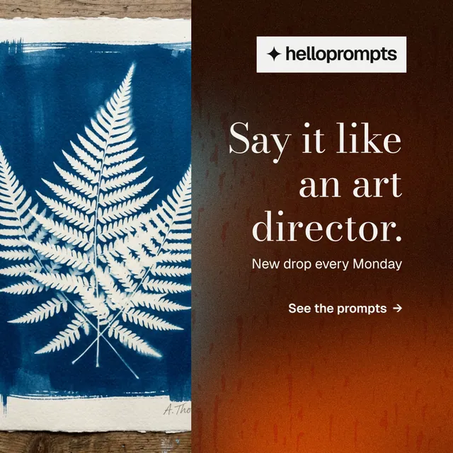 Instagram post for HelloPrompts: "Say it like an art director." Minimal luxury style, right layout, dark palette in red, orange, grey.