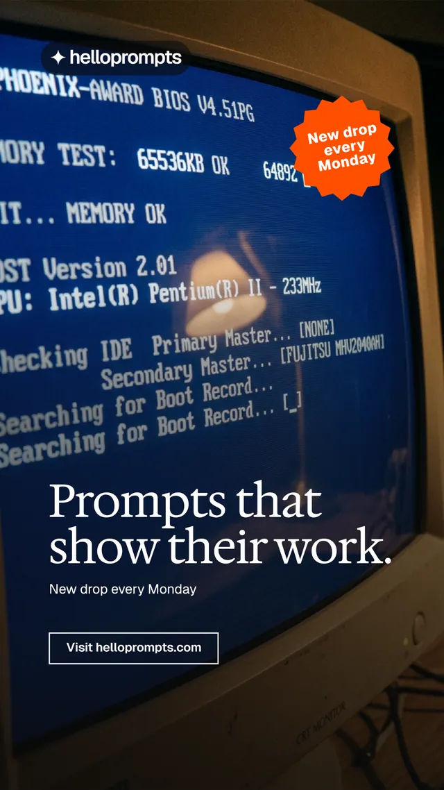 Instagram story for HelloPrompts: "Prompts that show their work." Editorial style, sticker layout, dark palette in black, blue, grey.