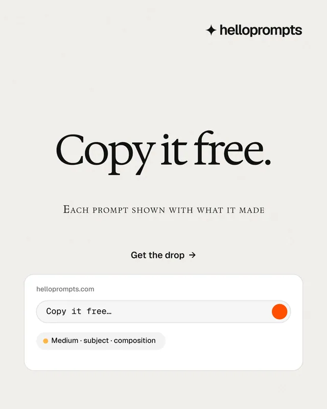 Instagram portrait post for HelloPrompts: "Copy it free." Swiss style, smallcaps layout, light palette in white.