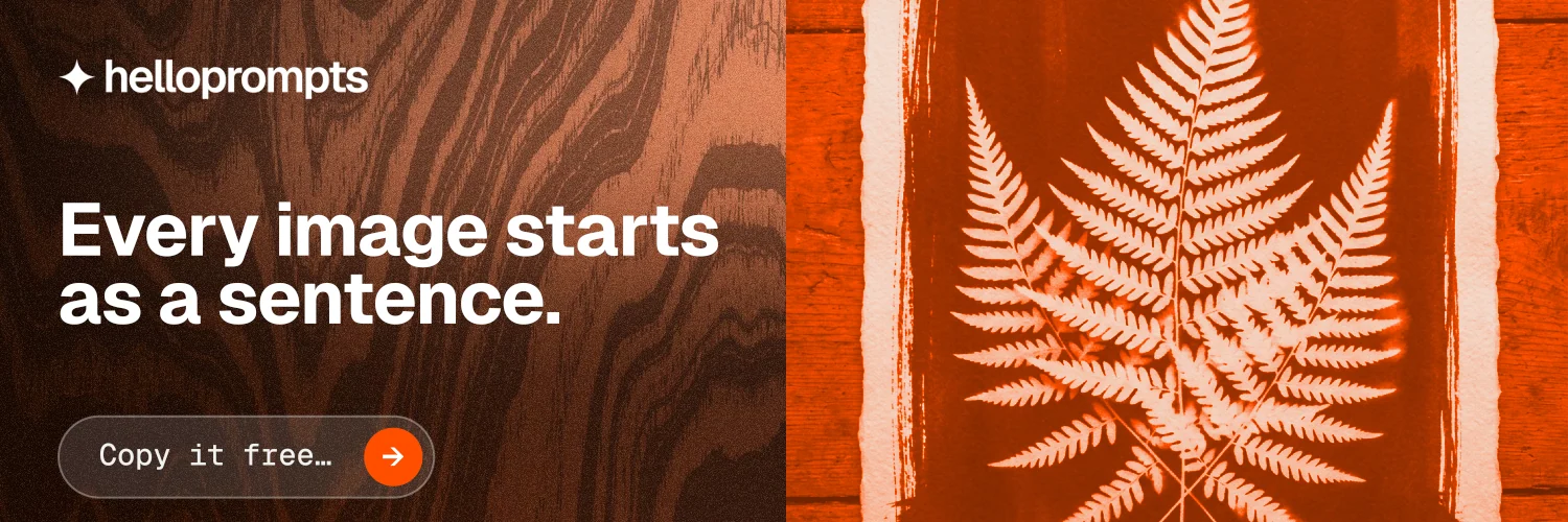 X header for HelloPrompts: "Every image starts as a sentence." Agentic glass style, bottom layout, dark palette in orange, brown.