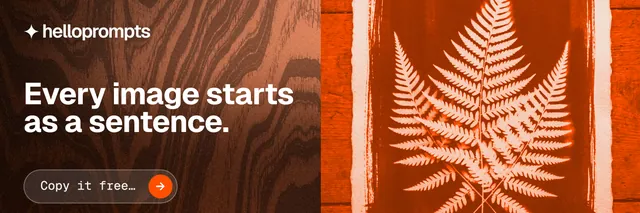 X header for HelloPrompts: "Every image starts as a sentence." Agentic glass style, bottom layout, dark palette in orange, brown.