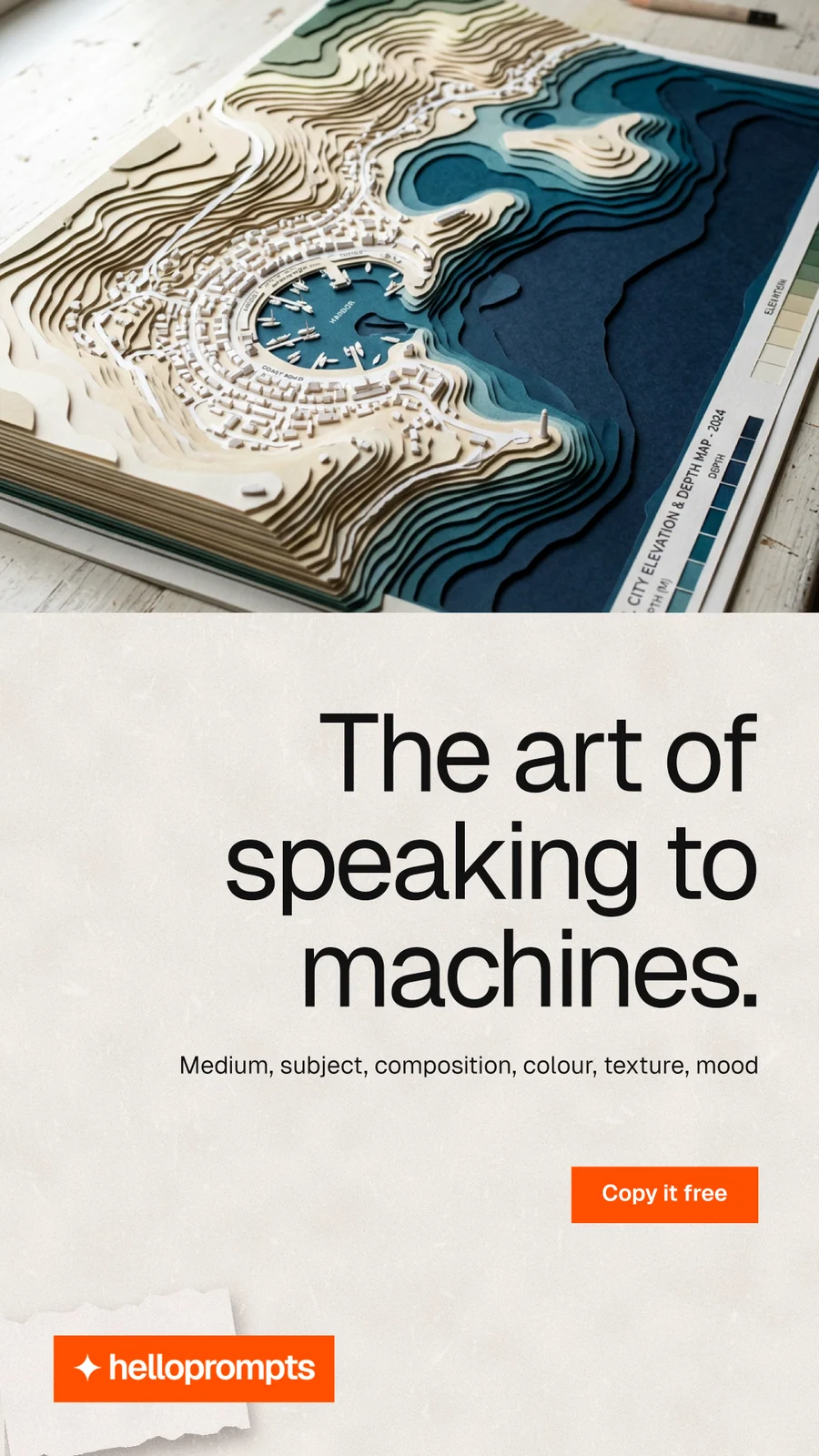 Instagram story for HelloPrompts: "The art of speaking to machines." Swiss style, right layout, light palette in orange, grey, white.