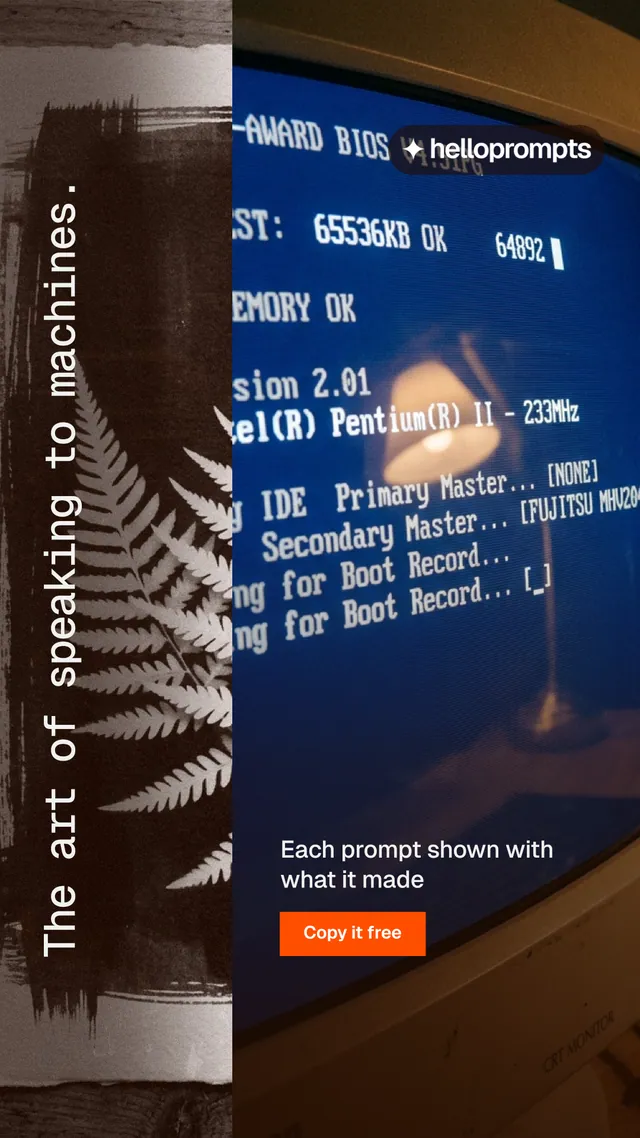 Instagram story for HelloPrompts: "The art of speaking to machines." Swiss style, vertical layout, dark palette in blue, grey, black.