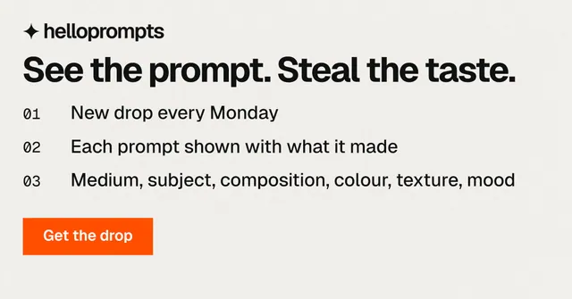 Social ad for HelloPrompts: "See the prompt. Steal the taste." Swiss style, numbered layout, light palette in white, grey.