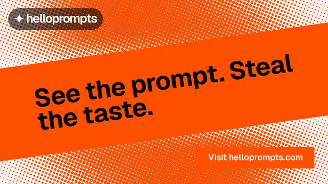 Landscape graphic for HelloPrompts: "See the prompt. Steal the taste." Swiss style, diagonal layout, light palette in orange.