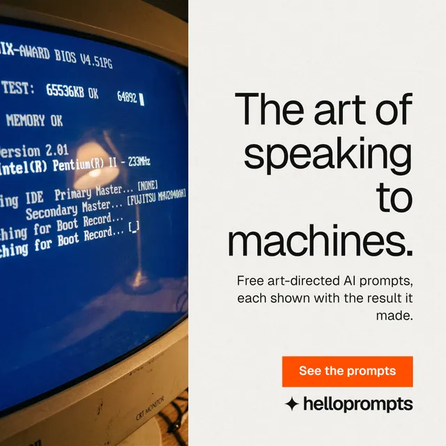 Instagram post for HelloPrompts: "The art of speaking to machines." Swiss style, right layout, light palette in white, blue, grey.
