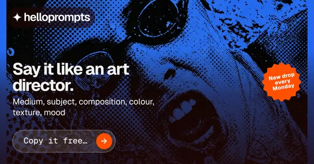 Social ad for HelloPrompts: "Say it like an art director." Agentic glass style, sticker layout, dark palette in black, blue.