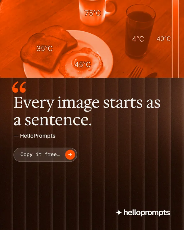 Instagram portrait post for HelloPrompts: "Every image starts as a sentence." Agentic glass style, quote layout, dark palette in orange, black, brown.