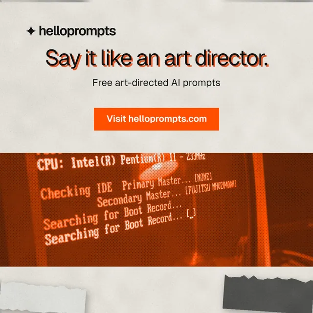 Instagram post for HelloPrompts: "Say it like an art director." Retro print style, skeleton layout, light palette in orange, white, brown.