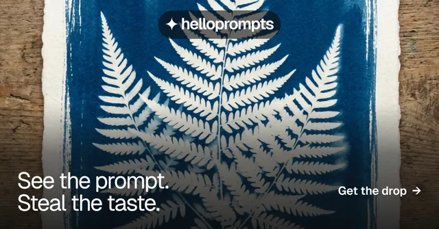 Social ad for HelloPrompts: "See the prompt. Steal the taste." Swiss style, image led layout, dark palette in blue, grey, white.