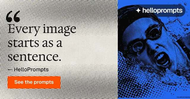 Social ad for HelloPrompts: "Every image starts as a sentence." Swiss style, quote layout, light palette in grey, blue, white.