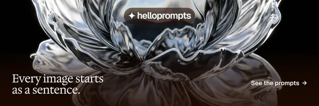 X header for HelloPrompts: "Every image starts as a sentence." Editorial style, image led layout, dark palette in black, grey.
