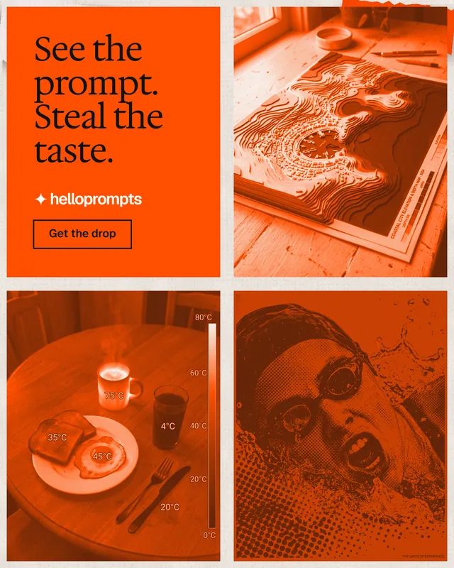 Instagram portrait post for HelloPrompts: "See the prompt. Steal the taste." Editorial style, collage layout, light palette in orange.