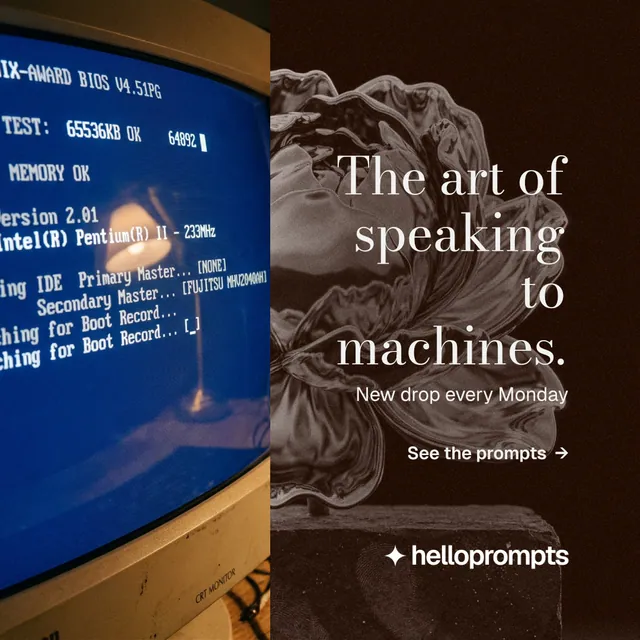 Instagram post for HelloPrompts: "The art of speaking to machines." Minimal luxury style, right layout, dark palette in black, grey, orange.