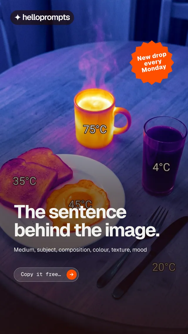 Instagram story for HelloPrompts: "The sentence behind the image." Agentic glass style, sticker layout, dark palette in blue, pink, purple.