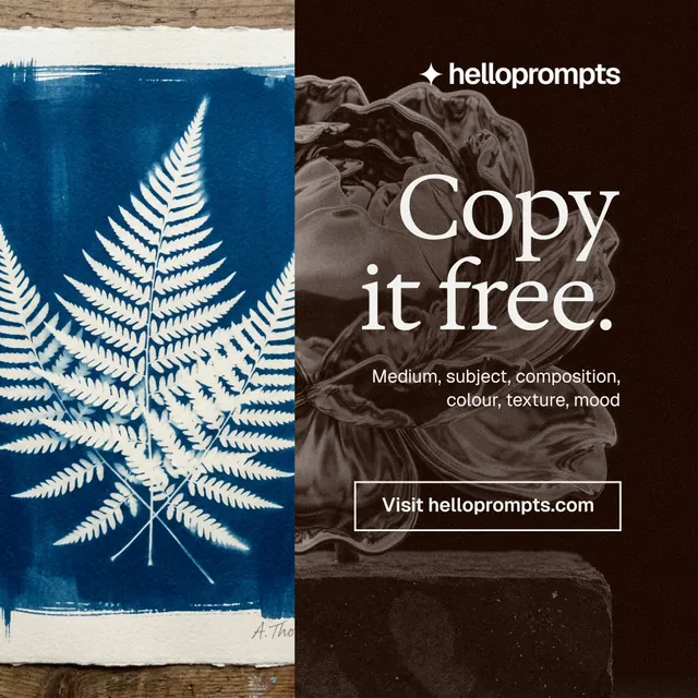 Instagram post for HelloPrompts: "Copy it free." Editorial style, right layout, dark palette in black, grey, blue.