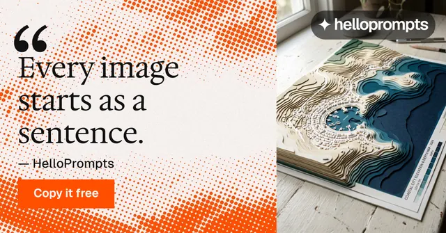 Social ad for HelloPrompts: "Every image starts as a sentence." Split block style, quote layout, light palette in orange, brown, white.
