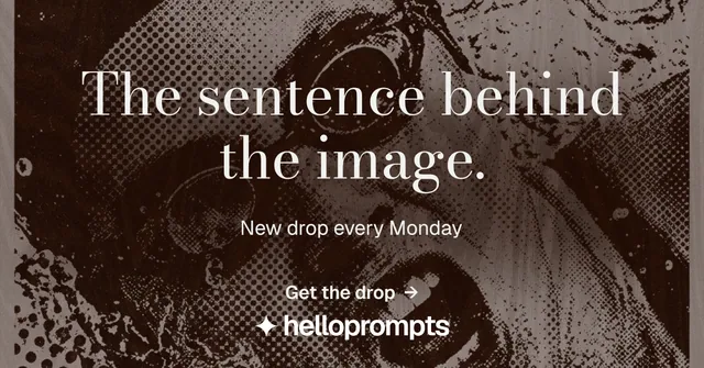 Social ad for HelloPrompts: "The sentence behind the image." Minimal luxury style, centred layout, dark palette in black, orange, grey.