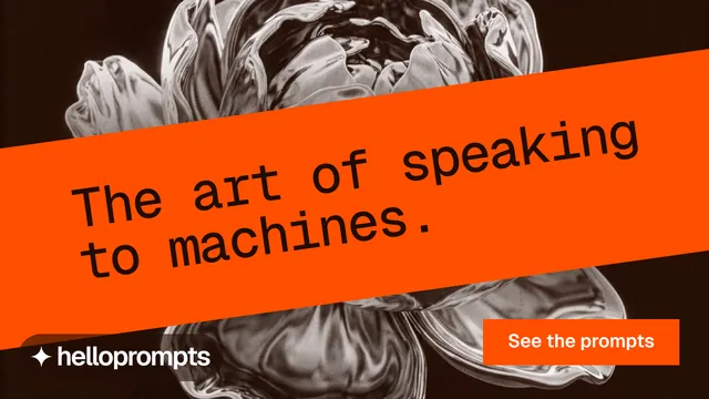 Landscape graphic for HelloPrompts: "The art of speaking to machines." Swiss style, diagonal layout, dark palette in orange, black, brown.