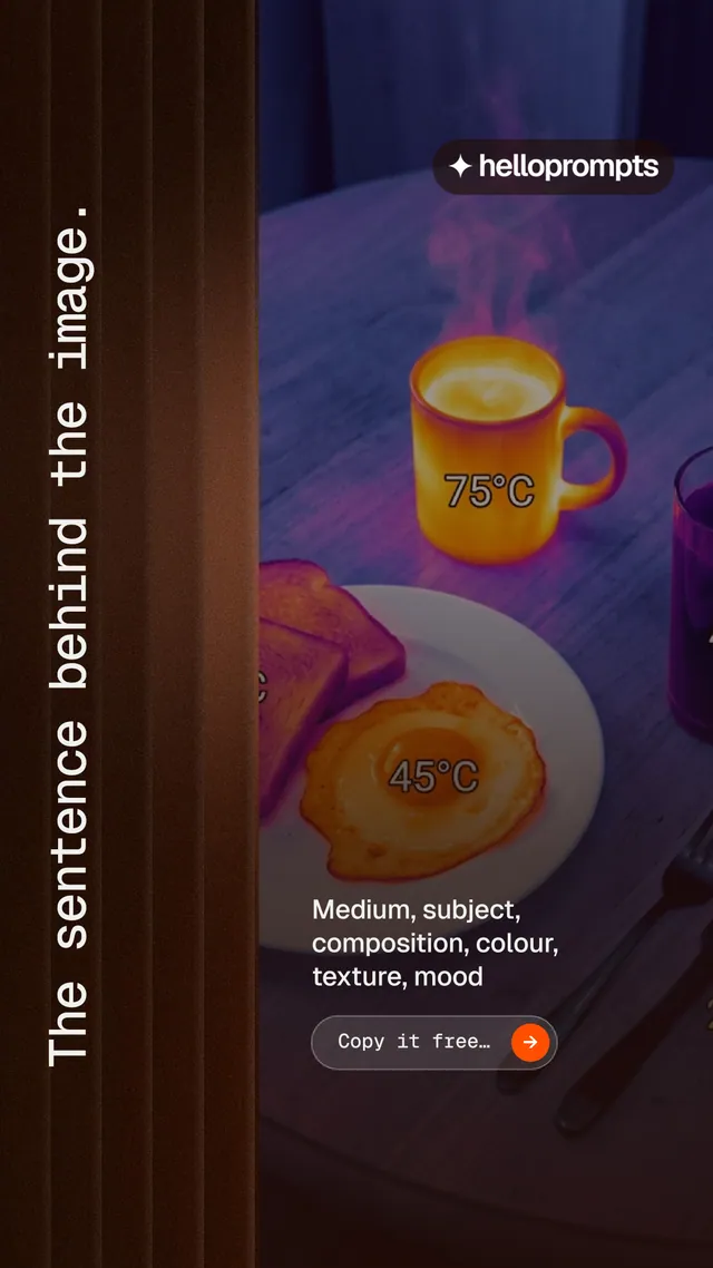 Instagram story for HelloPrompts: "The sentence behind the image." Agentic glass style, vertical layout, dark palette in red, black, purple.