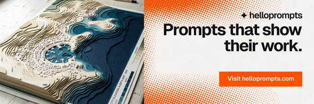 X header for HelloPrompts: "Prompts that show their work." Swiss style, right layout, light palette in orange, white, grey.