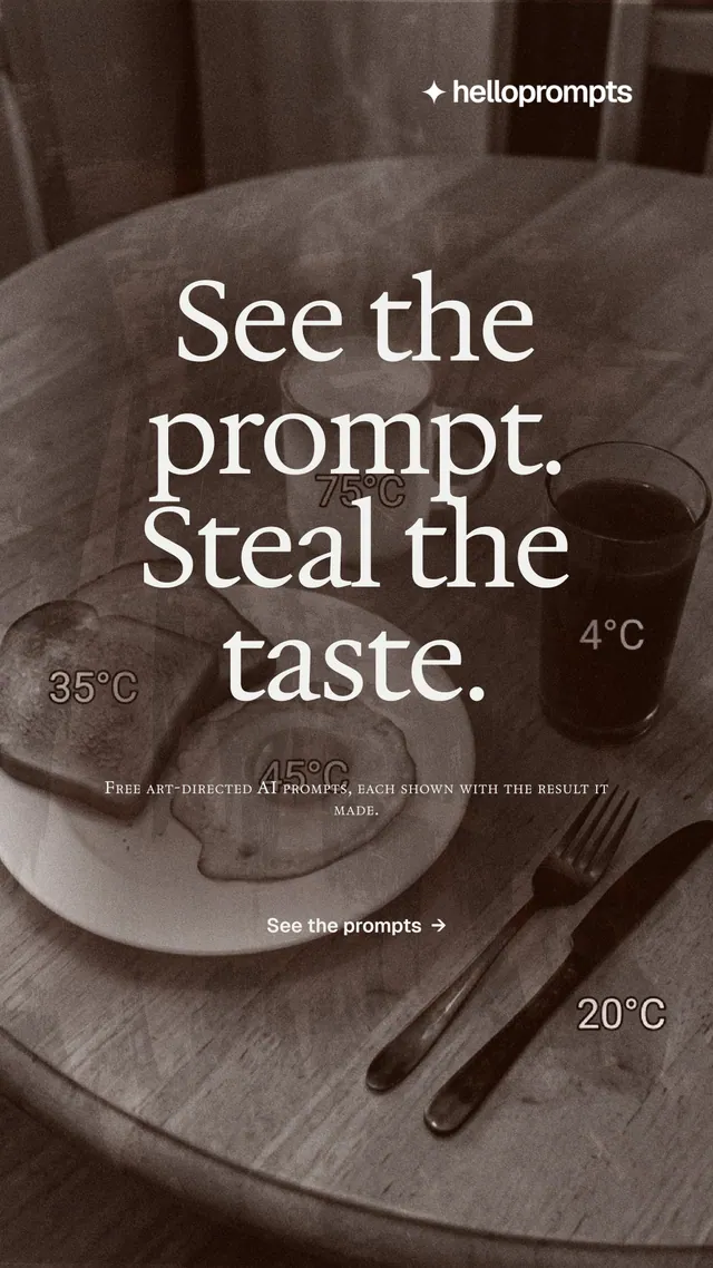 Instagram story for HelloPrompts: "See the prompt. Steal the taste." Editorial style, smallcaps layout, dark palette in orange, grey.