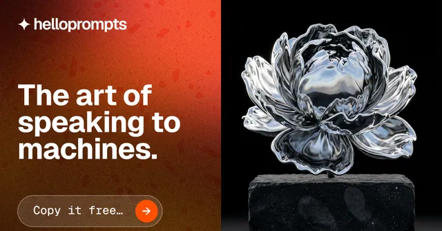 Social ad for HelloPrompts: "The art of speaking to machines." Agentic glass style, bottom layout, dark palette in black, orange, red.