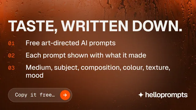 Landscape graphic for HelloPrompts: "Taste, written down." Agentic glass style, numbered layout, dark palette in orange, brown.