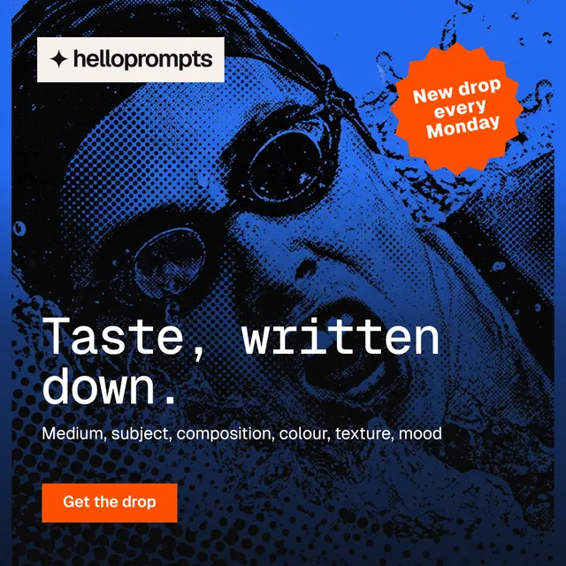 Instagram post for HelloPrompts: "Taste, written down." Swiss style, sticker layout, dark palette in blue, black.