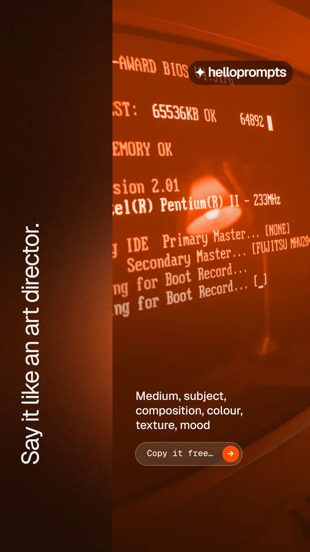 Instagram story for HelloPrompts: "Say it like an art director." Agentic glass style, vertical layout, dark palette in orange, black, brown.
