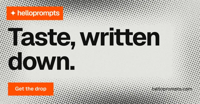 Social ad for HelloPrompts: "Taste, written down." Swiss style, poster layout, light palette in grey, white, brown.
