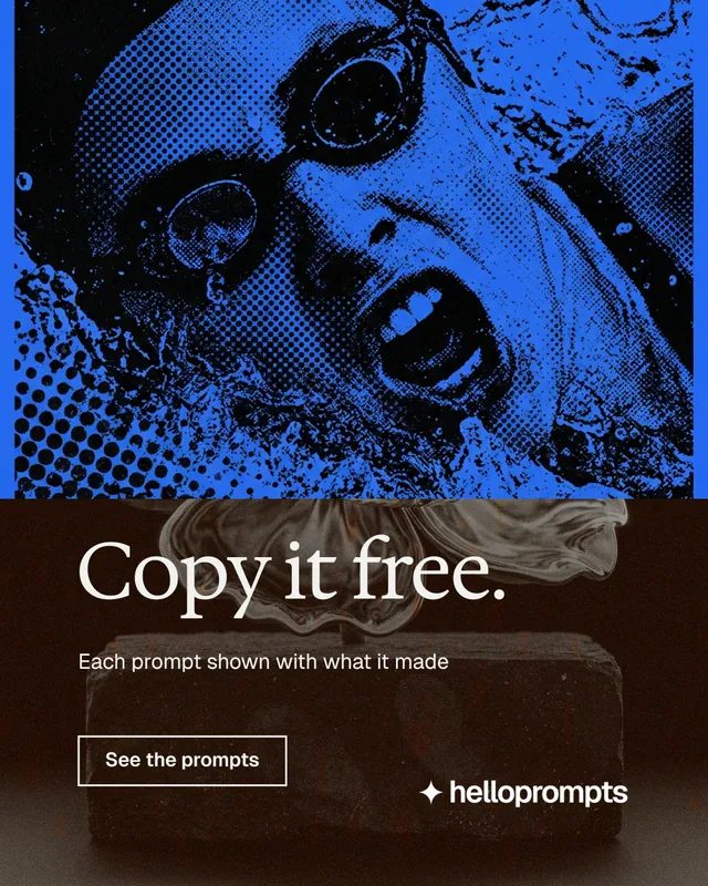 Instagram portrait post for HelloPrompts: "Copy it free." Editorial style, bottom layout, dark palette in blue, black.