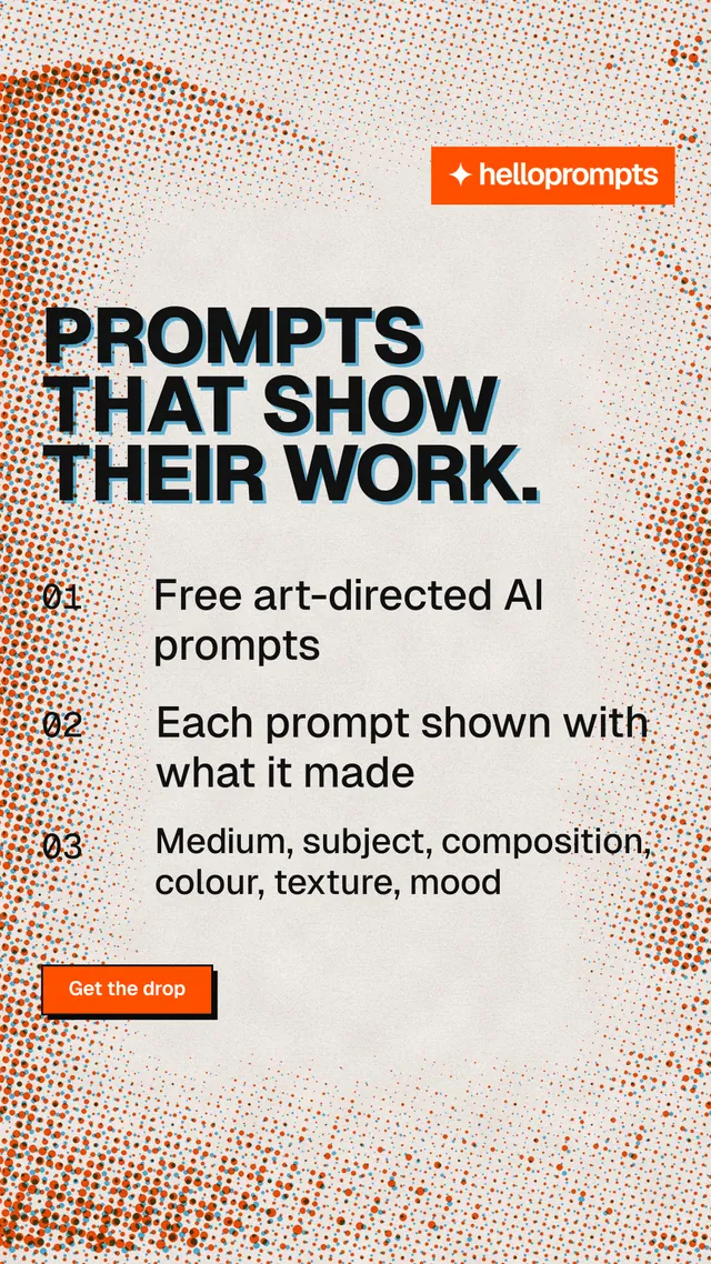 Instagram story for HelloPrompts: "Prompts that show their work." Brutalist style, numbered layout, light palette in orange.