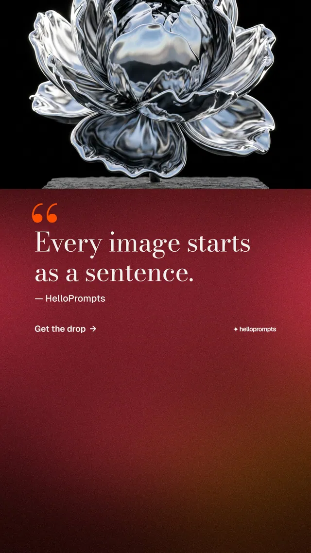 Instagram story for HelloPrompts: "The sentence behind the image." Minimal luxury style, quote layout, dark palette in red, black, grey.