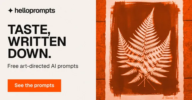 Social ad for HelloPrompts: "Taste, written down." Swiss style, bottom layout, light palette in white, orange, brown.