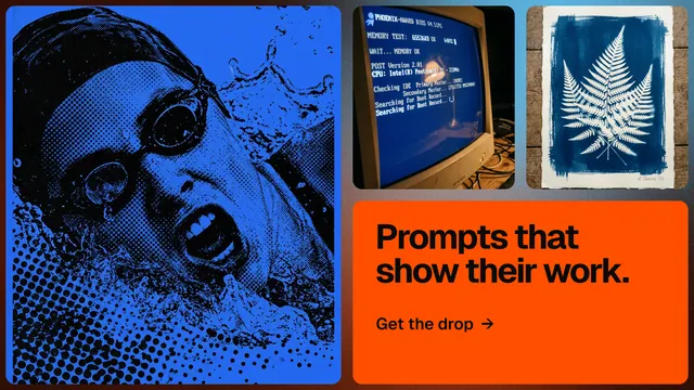 Landscape graphic for HelloPrompts: "Prompts that show their work." Agentic glass style, collage layout, dark palette in blue, red, orange.