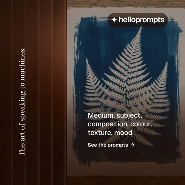 Instagram post for HelloPrompts: "The art of speaking to machines." Minimal luxury style, vertical layout, dark palette in black, grey, orange.