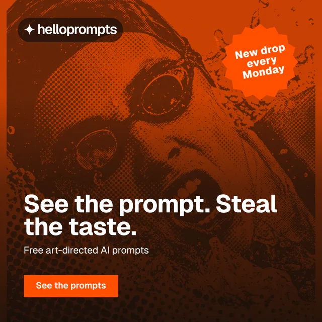 Instagram post for HelloPrompts: "See the prompt. Steal the taste." Swiss style, sticker layout, dark palette in black, orange, brown.
