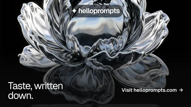 Landscape graphic for HelloPrompts: "Taste, written down." Swiss style, image led layout, dark palette in grey, black.