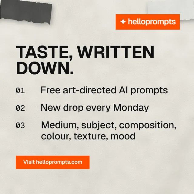 Instagram post for HelloPrompts: "Taste, written down." Retro print style, numbered layout, light palette in white, orange.